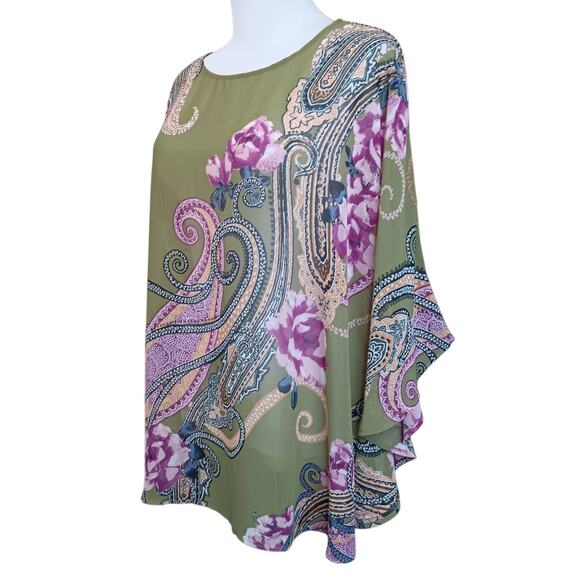 BOB MACKIE Kimono Artsy Floral Large Sheer Poncho Roses Paisley Dressy Green - Picture 2 of 10